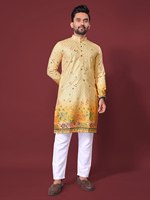 Kurta traditionnel pour homme, coupe ajustée et taille régulière, en tissu coton-rayonne, broderie sur les deux côtés, manches longues, motif, longueur genou, sans plis