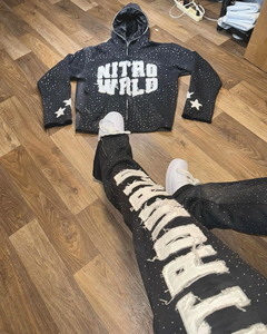 ชุดวอร์มมีฮู้ดแบบสวมหัวมีฮู้ดแบบสวมหัวสีพื้นชุดวอร์มเสื้อฮู้ดประดับพลอยเทียมสีล้วนแนววินเทจ - Product Image 6