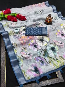 Saris en coton lin de qualité supérieure et riche, imprimés numériquement - Product Image 3