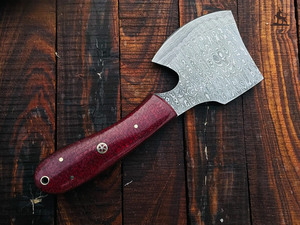 ขวานเหล็กดามัสกัสทำด้วยมือสำหรับการตั้งแคมป์และเดินป่าเกรดอุตสาหกรรมพร้อมด้ามจับไม้และปลอกหนัง - Product Image 4