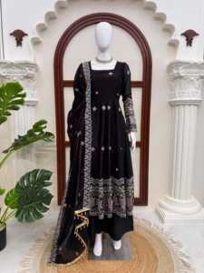 Designer Intricate Thread With Sequence Work Fandy Silk Anarkali <b>Top</b> With Bottom And Dupatta Fully Stitched Ready To Wear Set - Product Image 5