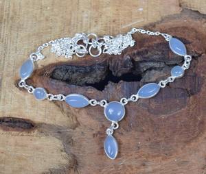 Collar de Cadena con Diseño de Piedras Preciosas, Calcedonia Azul, Plata de Ley 925, Forma Marquesa, Colgante Solitario Moderno con Baño de Rodio - Product Image 3