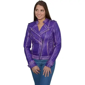 Leather Ladies Denim Jacket with Studded Spikes Purple Women's Asymmetrical Studded Sheepskin Leather Jacket