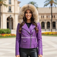 Veste de luxe pour femmes en cuir d'agneau véritable, tricotée et matelassée, avec col en fourrure de renard, écologique, coupe-vent, séchage rapide, OEM/ODM
