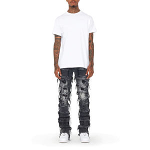 Distressed Stacked Joggers Flared Pants <b>Men's</b> Custom Logo Mid Waist High Street Winter Polyester/Cotton Breathable Windproof - Product Image 3