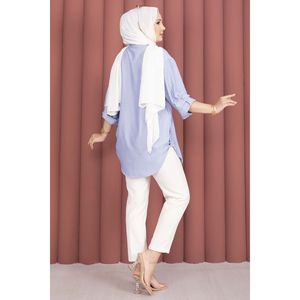 Camisa de Algodón Popelín a Rayas con Botones para Mujer, Estilo Casual Diario, Diseño Simple, Estampado Tejido Índigo, Tallas XS-XL - Product Image 5