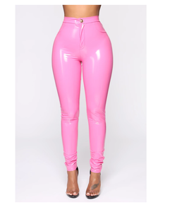 2022 meilleure vente grande taille pantalon en cuir pour femmes couleur rose unie Offre Spéciale moto pantalon en cuir devant plat pour l'hiver - Product Image 1