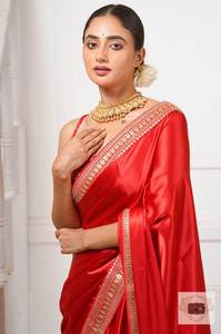 Exclusive Latest <b>Hot</b> Selling Wedding & Party Wear Heavy Satin Silk Indian Bollywood Lace Embroidery Work <b>Saree</b> at Cheap Rate - Product Image 5