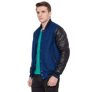 Veste en laine 100% cachemire et manches en cuir de vache véritable marine foncé et noir - Product Image 3