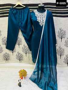 Traje tradicional indio pesado Vichitra seda listo para usar Salwar Kameez traje con hermoso bordado trabajo encaje borde Dupatta - Product Image 6