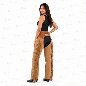 Pantalon d'équitation pour femme en cuir véritable, style western, taille haute, à franges, avec fermeture à boucle - Product Image 3