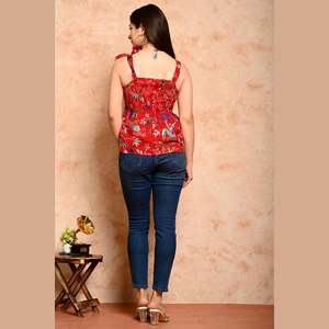 <b>Red</b> Bird Printed <b>Crop</b> <b>Top</b> Casual and Stylish Shirred Daily Wear for Summer Woven From Cotton and Polyester Size 5XL - Product Image 2