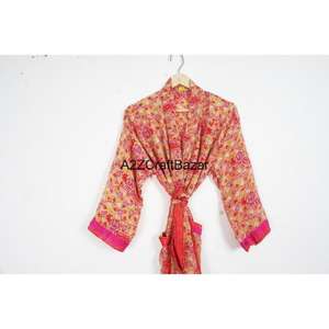 Robe longue bohème en patchwork de sari en soie 100% faite à la main pour femmes, col en V, cordon de serrage, manches longues, douce, hiver, automne, été - Product Image 2