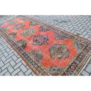 Turkish 4.8x12.3 ft Rug, Vintage <b>Runner</b> Rug, <b>Red</b> Floral Rug - Product Image 4