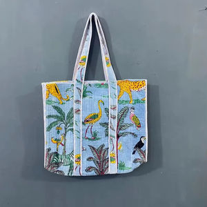 Sac fourre-tout pour femme en velours imprimé à la main en Inde, style bohème vintage, imprimé jungle bleu, broderie multicolore, fermeture éclair pour - Product Image 1