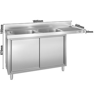 Évier de lave-vaisselle professionnel avec armoire PREMIUM - 1800x600mm - 2 bacs, bac gauche - Product Image 2