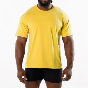 T-shirt de sport à col rond et à séchage rapide pour hommes, haut de sport de fitness respirant avec motif solide tissé à partir de polyester/coton, nouvel arrivage - Product Image 6