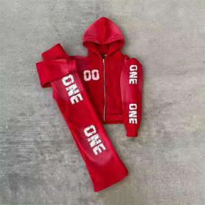 Survêtement personnalisé pour hommes Sweat à capuche zippé Pantalon évasé Survêtement Ensemble unisexe Pantalon de survêtement et sweat à capuche délavés à l'acide Streetwearsweatsuit pour hommes - Product Image 3