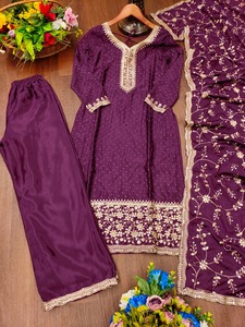 Nouveau costume de chinon brodé à motif solide de concepteur tissé avec broderie de séquence travail de pierre point complet avec élastique lavable - Product Image 6