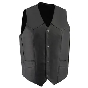 lack Color Button Closure Genuine Leather Made Biker Vest With breathable embroidery High Quality Leather Vest For Unisex B