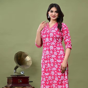 Ropa elegante con estampado floral para mujer, ropa informal de manga larga, Kurta recto para el verano al mejor precio - Product Image 1