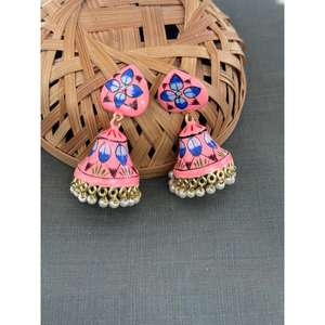 ต่างหู jhumka สีชมพูวาดด้วยมือเครื่องประดับอินเดียแบบดั้งเดิมต่างหูตุ้งติ้งชาติพันธุ์น้ำหนักเบาสำหรับผู้หญิง - Product Image 1