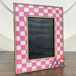 Pink & <b>White</b> Checkerboard Photo <b>Frame</b> Modern Hand Tooled Leather Decorative Desk <b>Frame</b> Wholesale Home Decor Customizable Sizes - Product Image 1