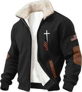 Blouson bomber zippé pour homme en polaire noir à col montant avec logo frontal, imprimé drapeau américain et croix, coupe classique, style moto hiver - Product Image 1