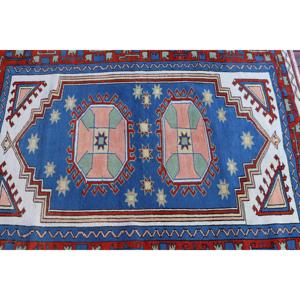 Alfombra Turca, Alfombra Vintage de 3.9x4.9 pies, Alfombra de Lana Azul Roja con Diseño de Camuflaje - Product Image 4