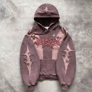 Sweat à capuche lourd personnalisé lavé à l'acide décoloration Streetwear vintage sans ficelle graphique en détresse Patch Cut coudre brodé hiver - Product Image 2