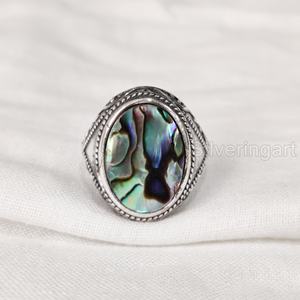 Grossiste Bague pour homme Bague en argent sterling 925 en forme de coquille d'ormeau plat naturel, pierre de naissance, toutes tailles, bijoux de fête arabes - Product Image 3