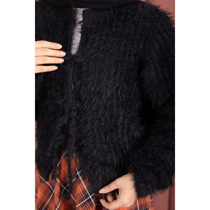 Vera Black Plush Cardigan Front-Tie Casual Bohemian Style Jacquard <b>Wool</b> Material Print Lace for Spring Summer Autumn Winter - Product Image 5