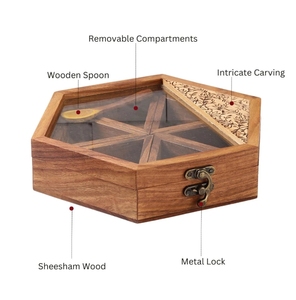 Hand Carved Gul Hexagonal Sheesham Wood <b>Spice</b> Box/ Dry-fruit Box Containers <b>spice</b> container with spoon wooden kitchen decor - Product Image 3