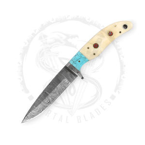 Cuchillo de Caza Recto Fijo de Acero Damasco VG10 para Exteriores, Mango de Cuerno Turquesa, Acero Inoxidable, Incluye Funda de Cuero - Product Image 5