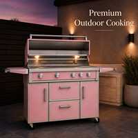 Barbecue à gaz rose en acier inoxydable, cuisinière d'extérieur à 5 brûleurs, chariot mobile avec étagères latérales et tiroirs de rangement