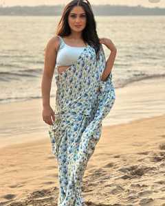 Custom Made In-White & Blue Border Brocade Silk Sari <b>Indian</b> Sexy Wedding for Designer <b>Fabric</b> Store - Product Image 1