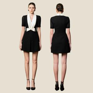 KELSEY MINI DRESS cuenta con un cuello en contraste y diamantes de imitación brillantes elaborados en lujosa tela de celosía rústica elegante para mujer - Product Image 4