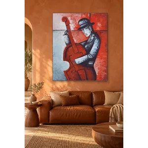 Fida Man in Hat Playing Double Bass on Red Background <b>Canvas</b> Print - Product Image 3
