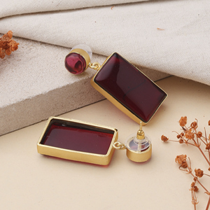 Handcrafted <b>Red</b> Glass Stone Classic Geometric Statement <b>Drop</b> <b>Earrings</b> Other Plated Fashion Jewelry Women Elegant Evening Wear - Product Image 2