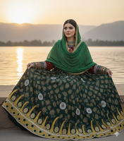 Robe de mariée traditionnelle afghane en velours avec broderies à la main et travail de miroir, et ensemble dupatta vert décontracté