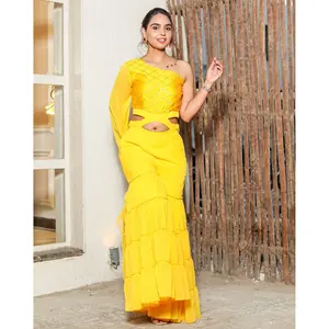 จั๊มสูทสีเหลืองมัสตาร์ดประดับเลื่อม พร้อมงานปักลูกปัดสไตล์วินเทจ ความยาวระดับเข่า ผ้าชีฟองถักลายพิมพ์แบบเป็นทางการ สำหรับฤดูใบไม้ผลิและฤดูร้อน - Product Image 4