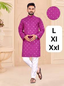 Hombres de calidad de exportación elegante étnico Kurta rojo bordado desgaste del partido Kurta con pijama blanco disponible en desgaste del festival - Product Image 5