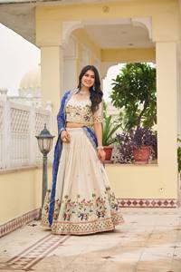 Ensemble Lehenga Choli en Soie Mélangée Ivoire pour Femme Unity Luxure, avec Dupatta Bleu Bandhani Brodé, Modèle 143, pour Mariage et Tenues de Cérémonie - Product Image 3