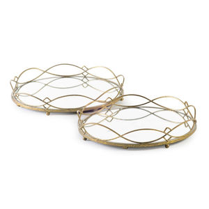 Ensemble de 2 plateaux ronds en métal doré élégants, plateau de rangement miroir pour mariage, table à domicile, parfum, cosmétiques et présentoir à bijoux - Product Image 1