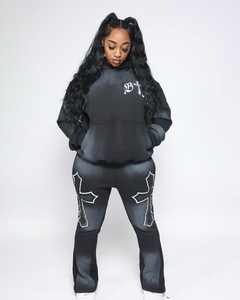 Custom Vintage Jogging Sweatsuit Men Clothing Distressed Cotton Applique <b>Embroidery</b> Flared Sweatpants and Cropped Hoodie <b>Sets</b> - Product Image 3