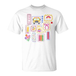 T-Shirt Colorata con Disegni per Insegnanti, Abbigliamento Promozionale a Tema Scolastico per il Ritorno a Scuola - Product Image 1