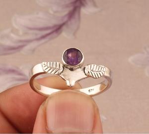 Anillos de amatista Plata de Ley 925, banda de plata sólida, diseño de hoja de piedra natal, joyería de amatista para mujer - Product Image 1