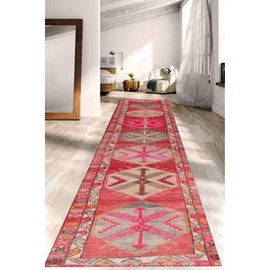 Red Turkish Oushak <b>Rug</b>: Geometric Hallway Runner, Printed <b>Rug</b>,<b>Chenille</b> <b>Rug</b> - Product Image 3