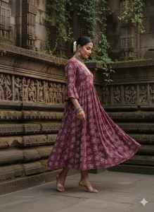 Robe midi à imprimé numérique floral marron, col en V, manches bouffantes, coton, été, femme, ethnique, bohème, artisanale indienne, naturelle, lavable - Product Image 2