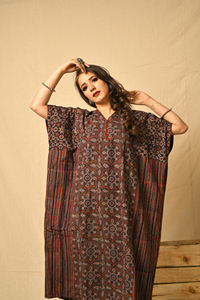 100% algodón indio estilo bohemio Kaftan vestido Ajrakh estampado motivos geométricos borla lavable modesto Casual terroso Midi Kaftan Suelto - Product Image 4